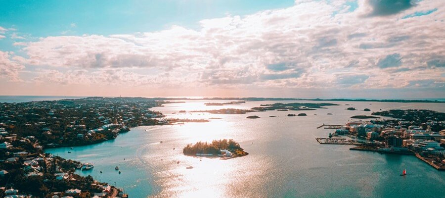 View from the air in Bermuda looking down on the harbor and islands.